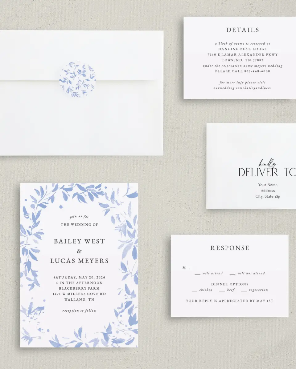 This is a 5" x 7" Classic Wedding Invitation called Soft Botanics printed in full color with Rose Gold foil on Luxe Satin (coated) paper
