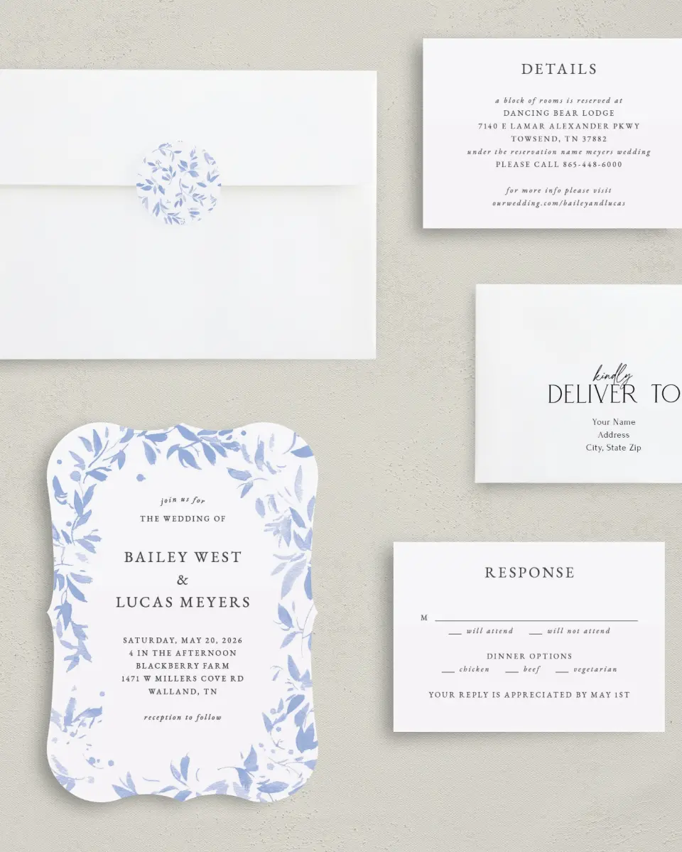 This is a 5" x 7" Bracket Wedding Invitation called Soft Botanics printed in full color with Silver foil on Luxe Satin (coated) paper