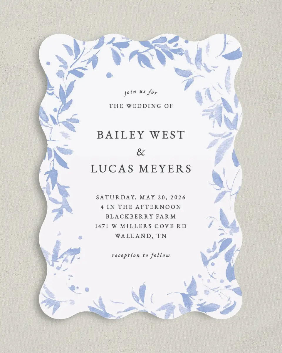 This is a 5" x 7" Wavy Wedding Invitation called Soft Botanics printed in full color on Premium Smooth paper