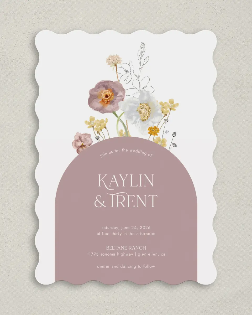 This is a 5" x 7" Wavy Wedding Invitation called Enchanting Wildflowers printed in full color on Premium Smooth paper