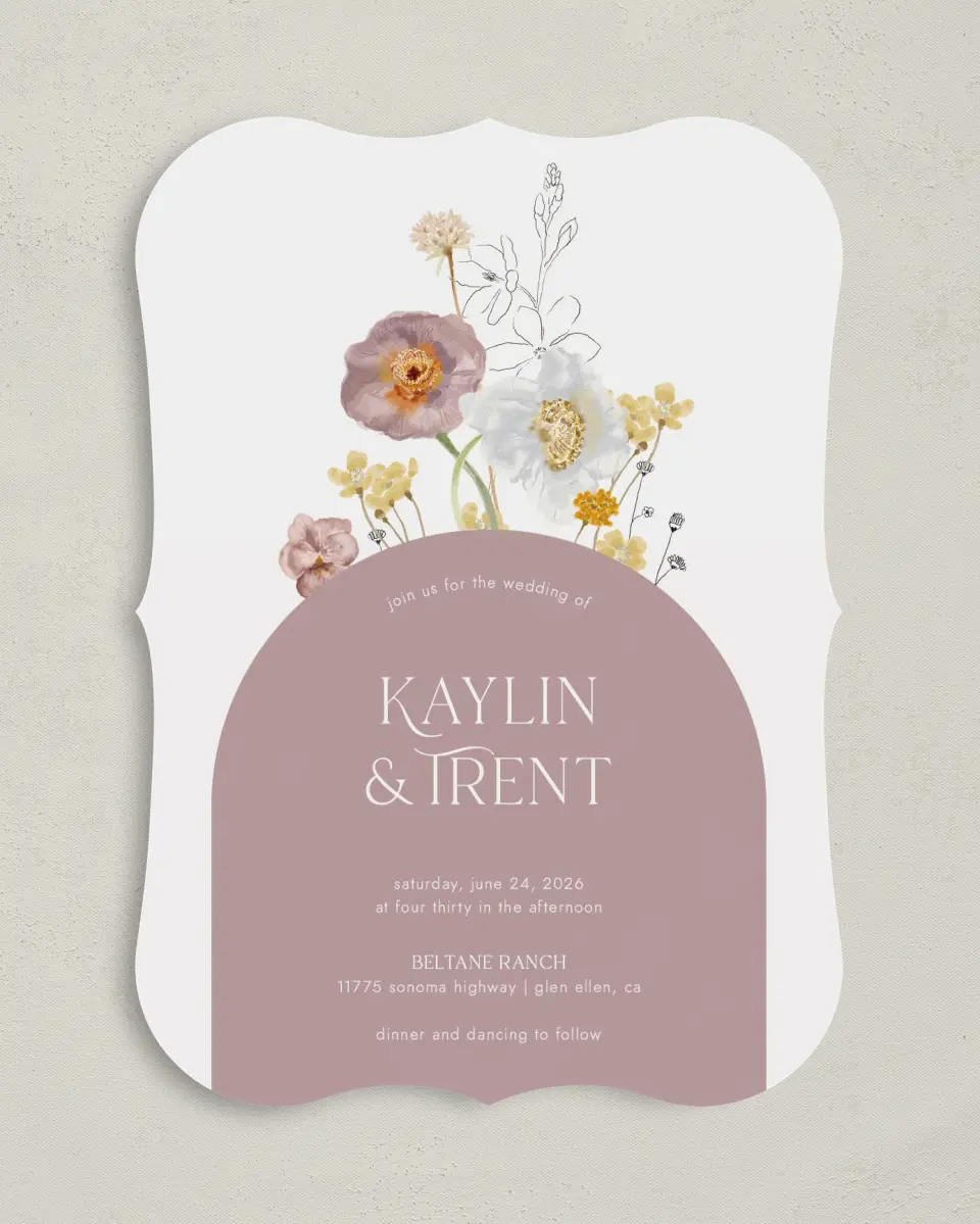 This is a 5" x 7" Bracket Wedding Invitation called Enchanting Wildflowers printed in full color on Premium Smooth paper