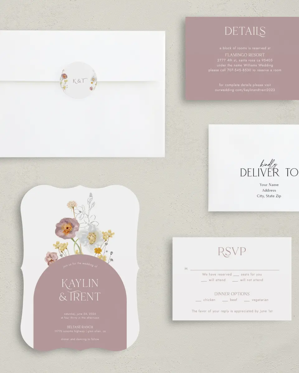 This is a 5" x 7" Bracket Wedding Invitation called Enchanting Wildflowers printed in full color on Premium Smooth paper