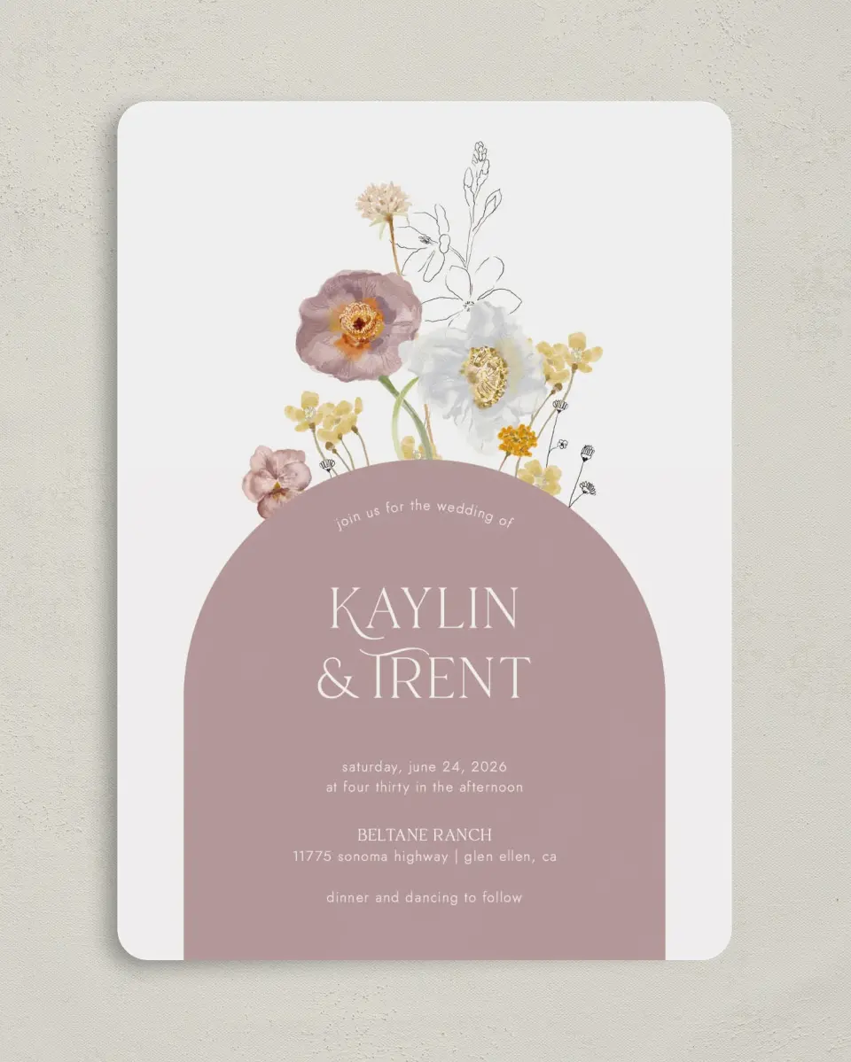 This is a 5" x 7" Rounded Wedding Invitation called Enchanting Wildflowers printed in full color on Premium Smooth paper