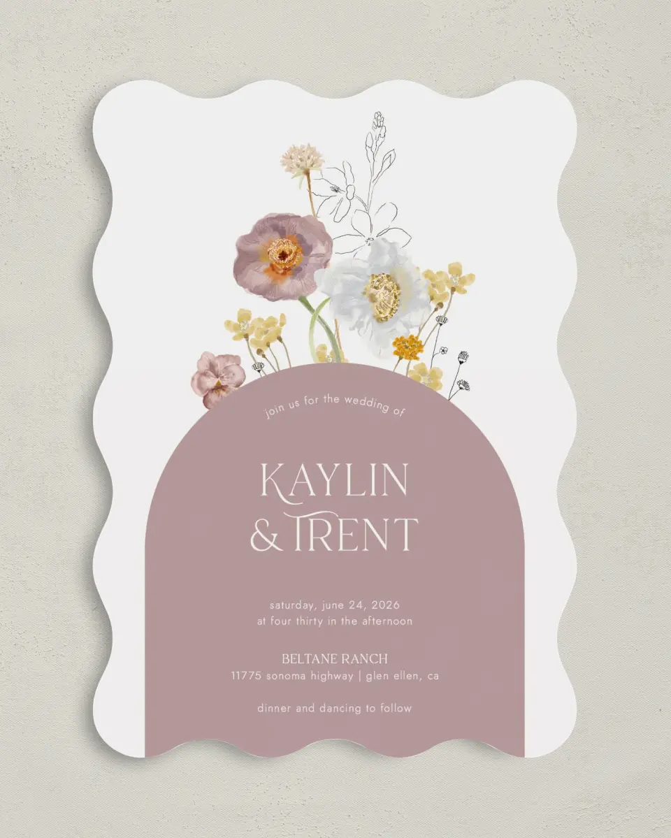 This is a 5" x 7" Wavy Wedding Invitation called Enchanting Wildflowers printed in full color on Premium Smooth paper