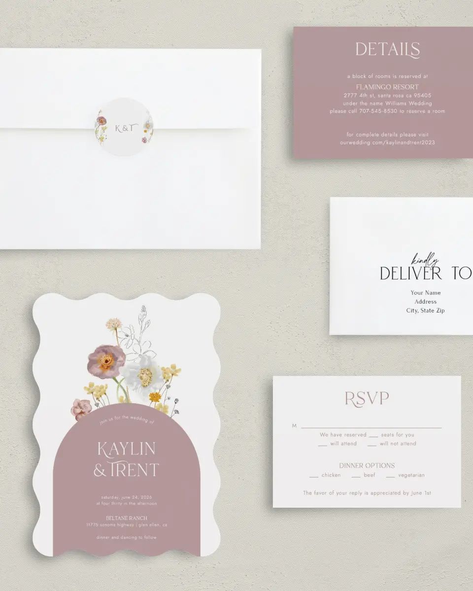 This is a 5" x 7" Wavy Wedding Invitation called Enchanting Wildflowers printed in full color on Premium Smooth paper