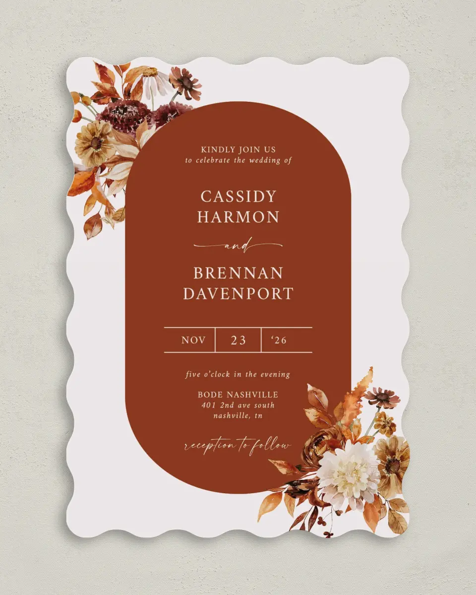 This is a 5" x 7" Wavy Wedding Invitation called Autumn Florals printed in full color on Premium Smooth paper