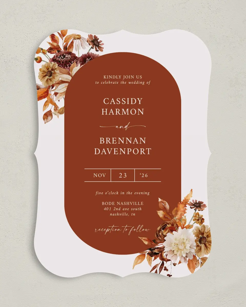 This is a 5" x 7" Bracket Wedding Invitation called Autumn Florals printed in full color with Silver foil on Luxe Satin (coated) paper
