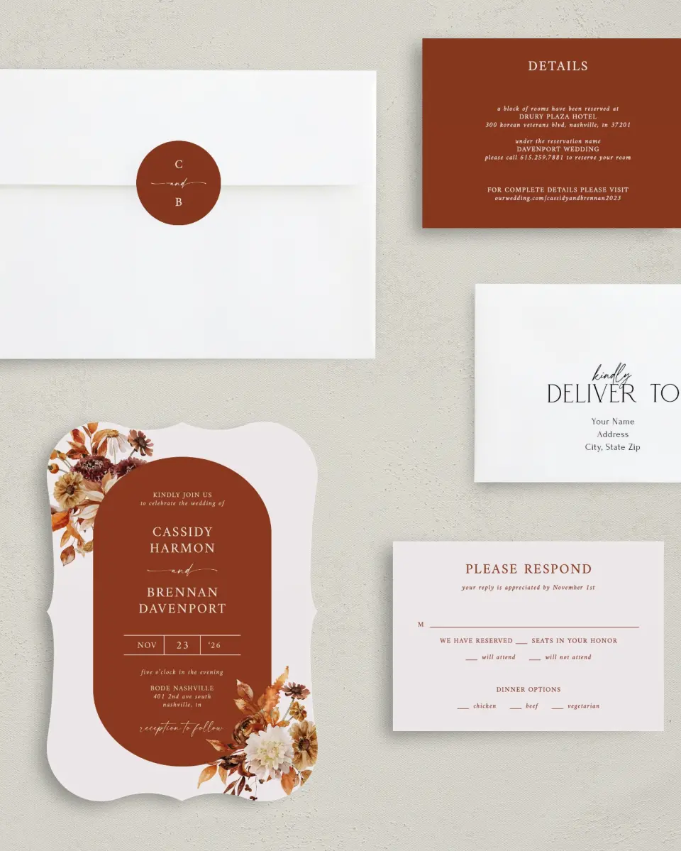 This is a 5" x 7" Bracket Wedding Invitation called Autumn Florals printed in full color with Silver foil on Luxe Satin (coated) paper