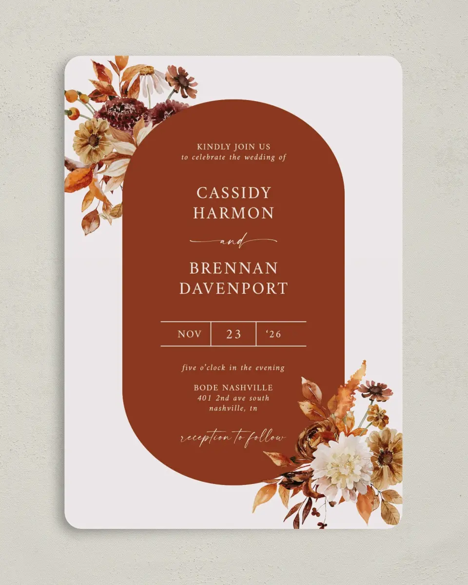 This is a 5" x 7" Rounded Wedding Invitation called Autumn Florals printed in full color on Premium Smooth paper