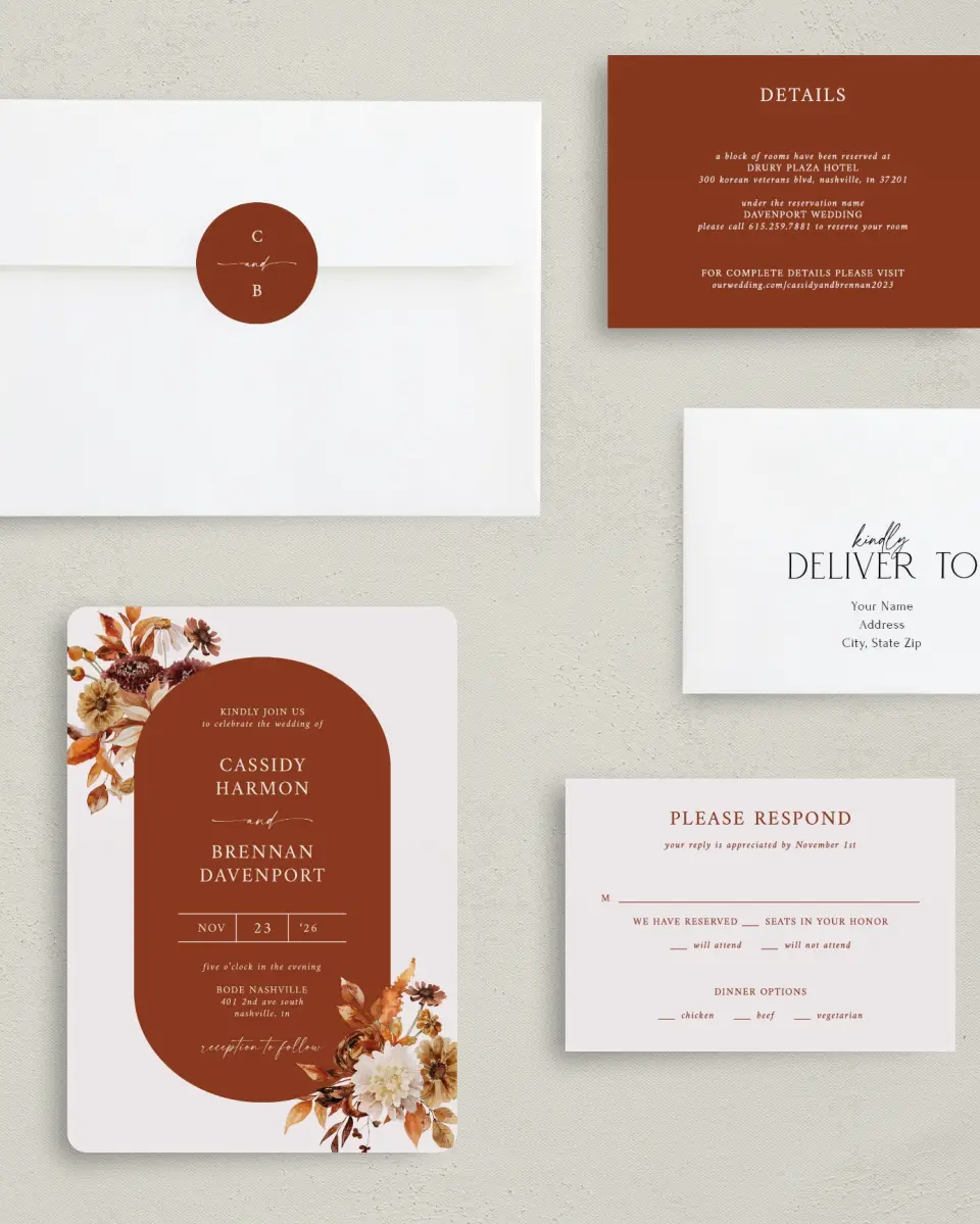 This is a 5" x 7" Rounded Wedding Invitation called Autumn Florals printed in full color with Silver foil on Luxe Satin (coated) paper