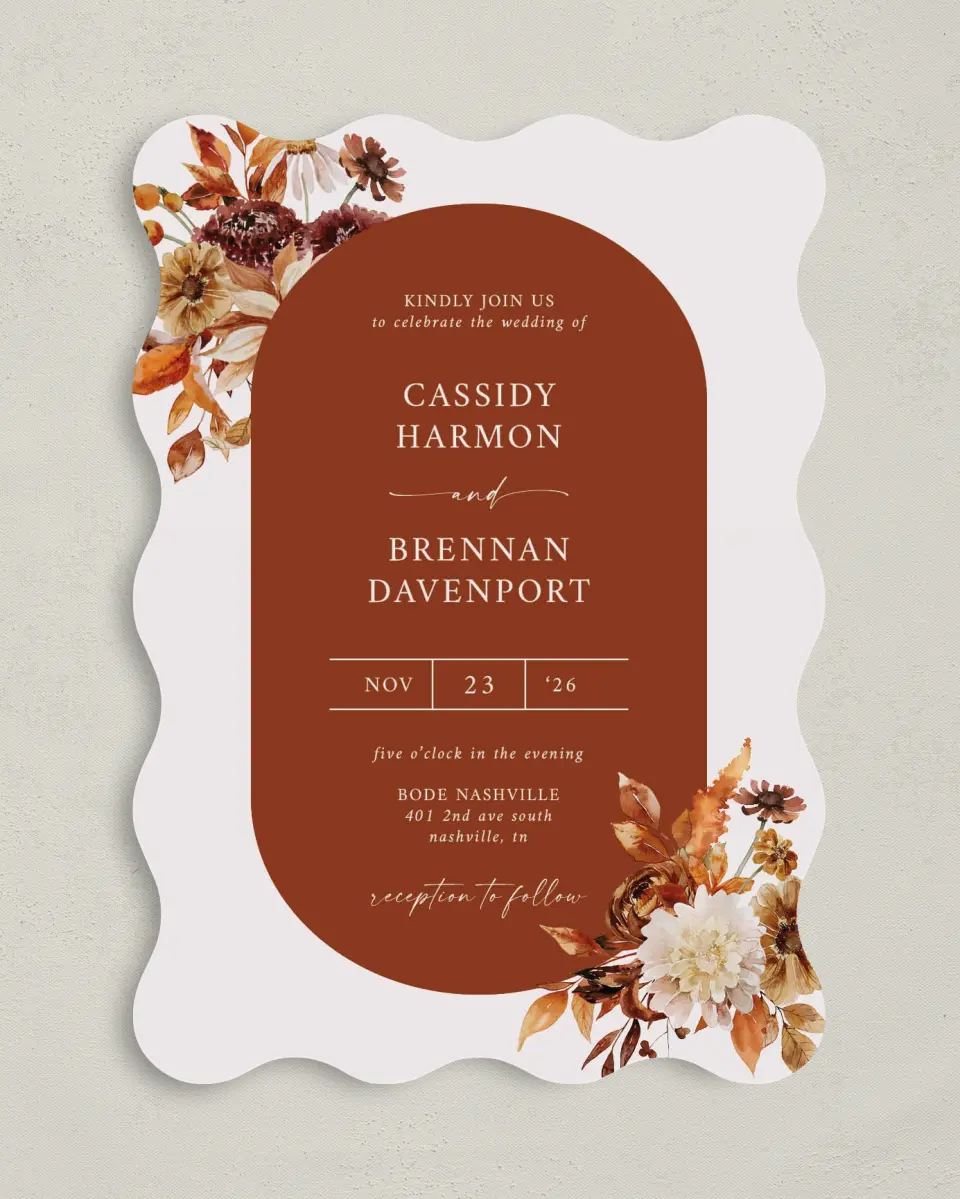 This is a 5" x 7" Wavy Wedding Invitation called Autumn Florals printed in full color on Premium Smooth paper
