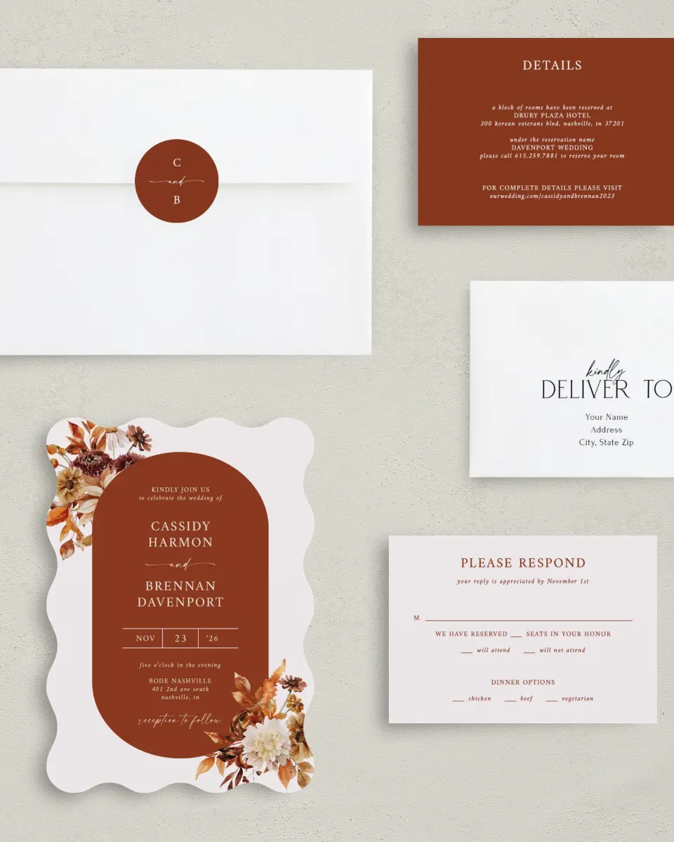 This is a 5" x 7" Wavy Wedding Invitation called Autumn Florals printed in full color with Silver foil on Luxe Satin (coated) paper