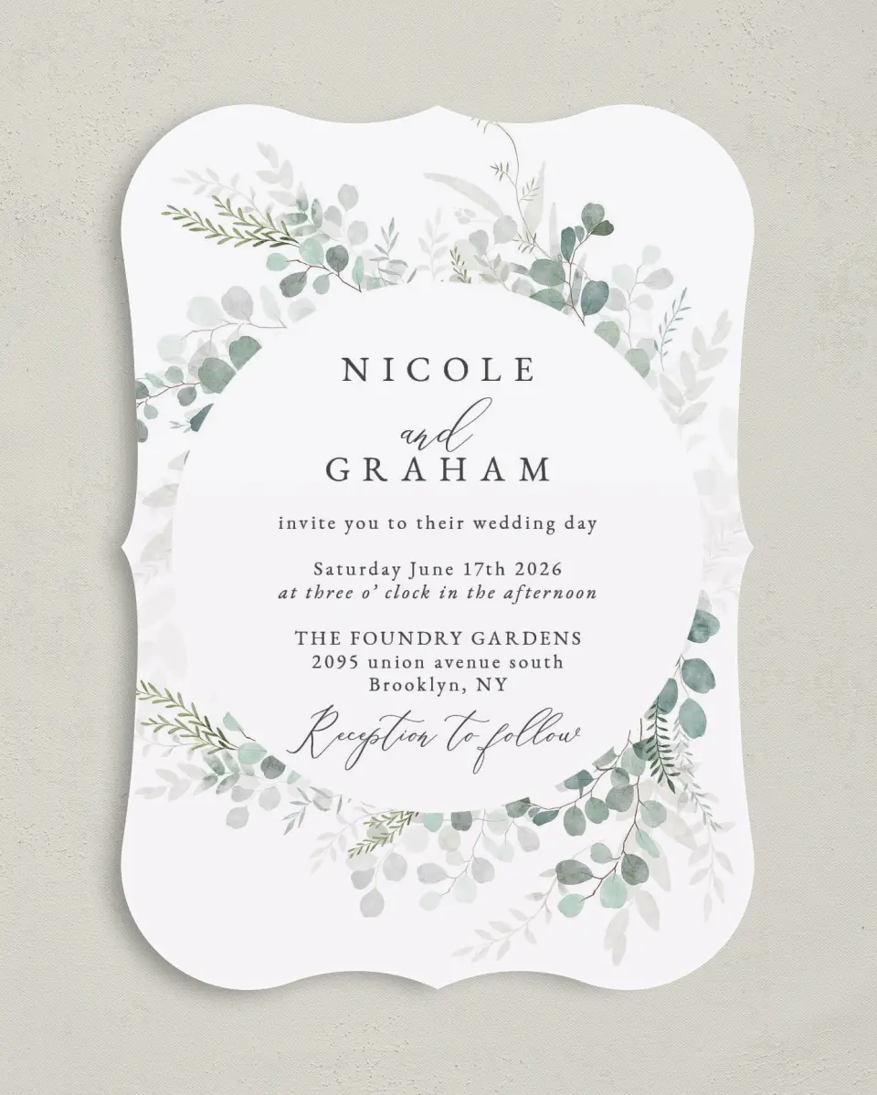 This is a 5" x 7" Bracket Wedding Invitation called Elegant Greenery printed in full color on Premium Smooth paper