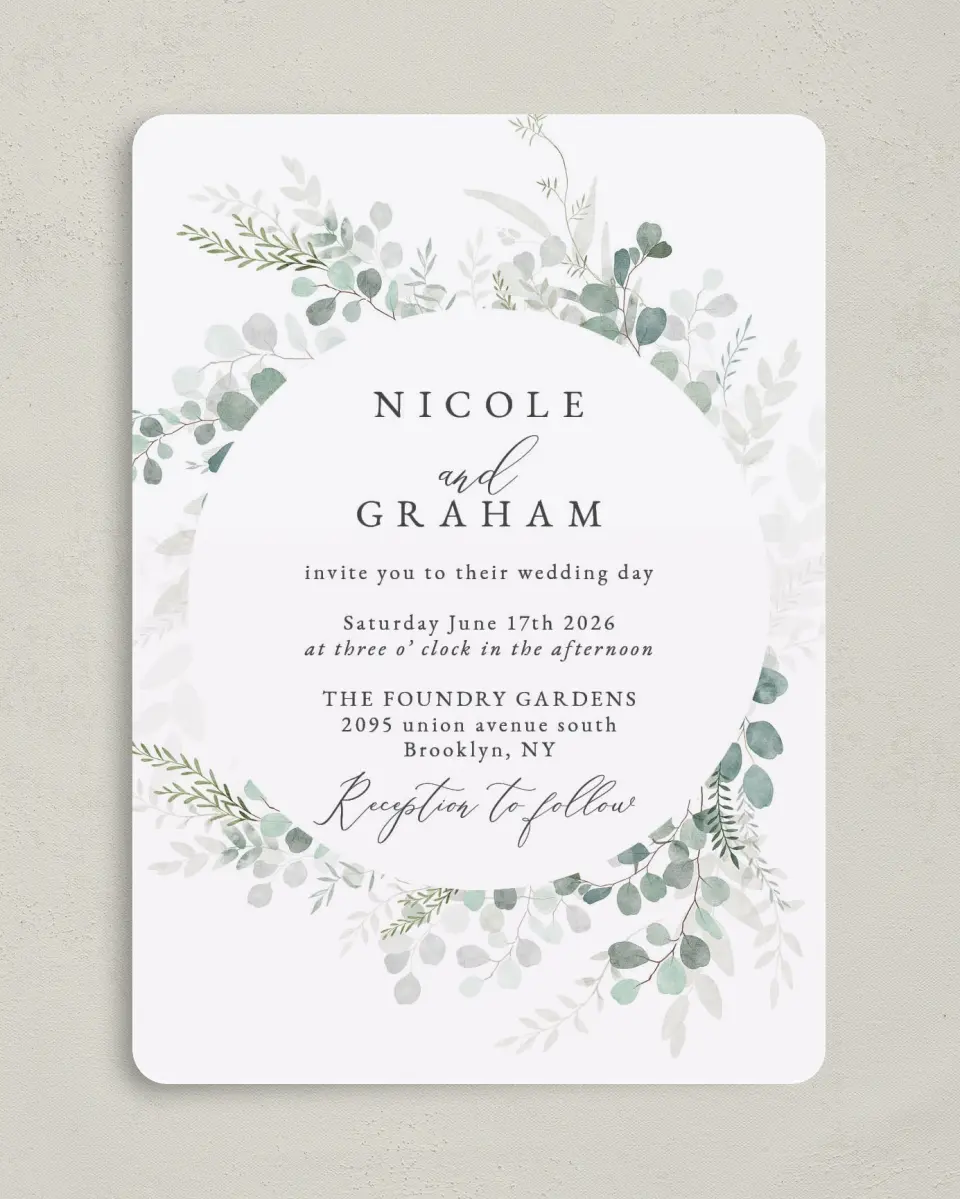 This is a 5" x 7" Rounded Wedding Invitation called Elegant Greenery printed in full color on Premium Smooth paper
