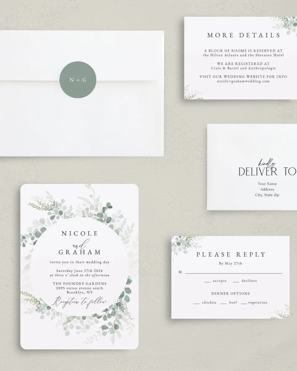 This is a 5" x 7" Rounded Wedding Invitation called Elegant Greenery printed in full color with Silver foil on Luxe Satin (coated) paper