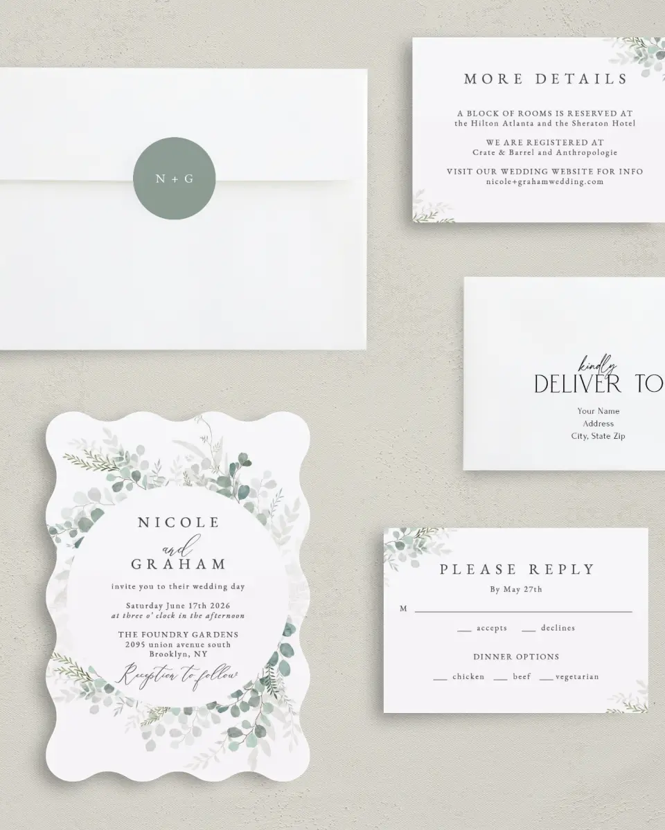 This is a 5" x 7" Wavy Wedding Invitation called Elegant Greenery printed in full color with Silver foil on Luxe Satin (coated) paper