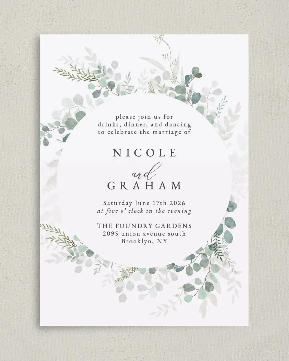 This is a 5" x 7" Reception-Only - CP called Elegant Greenery printed in full color on Premium Smooth paper