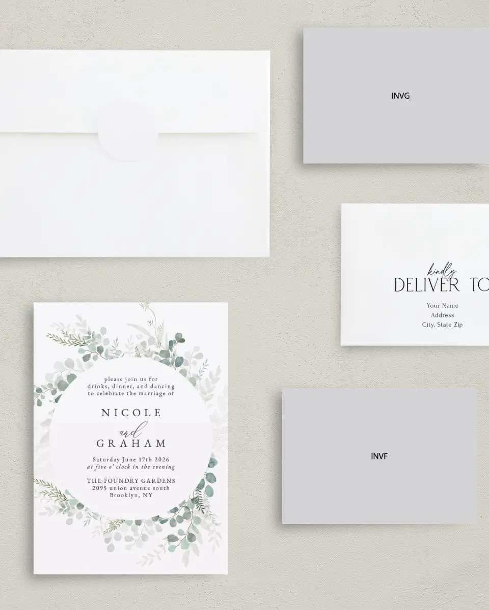 This is a 5" x 7" Reception-Only - CP called Elegant Greenery printed in full color with Rose Gold foil on Luxe Satin (coated) paper