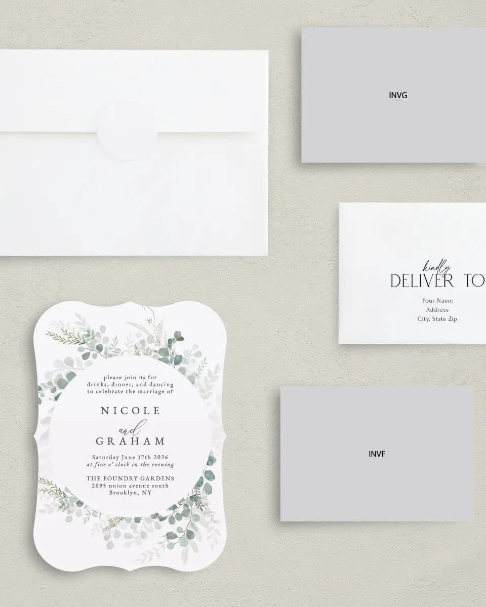 This is a 5" x 7" Reception-Only - CP called Elegant Greenery printed in full color with Silver foil on Luxe Satin (coated) paper