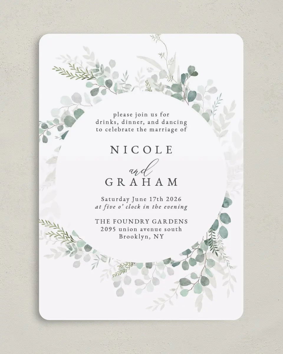 This is a 5" x 7" Reception-Only - CP called Elegant Greenery printed in full color on Premium Smooth paper