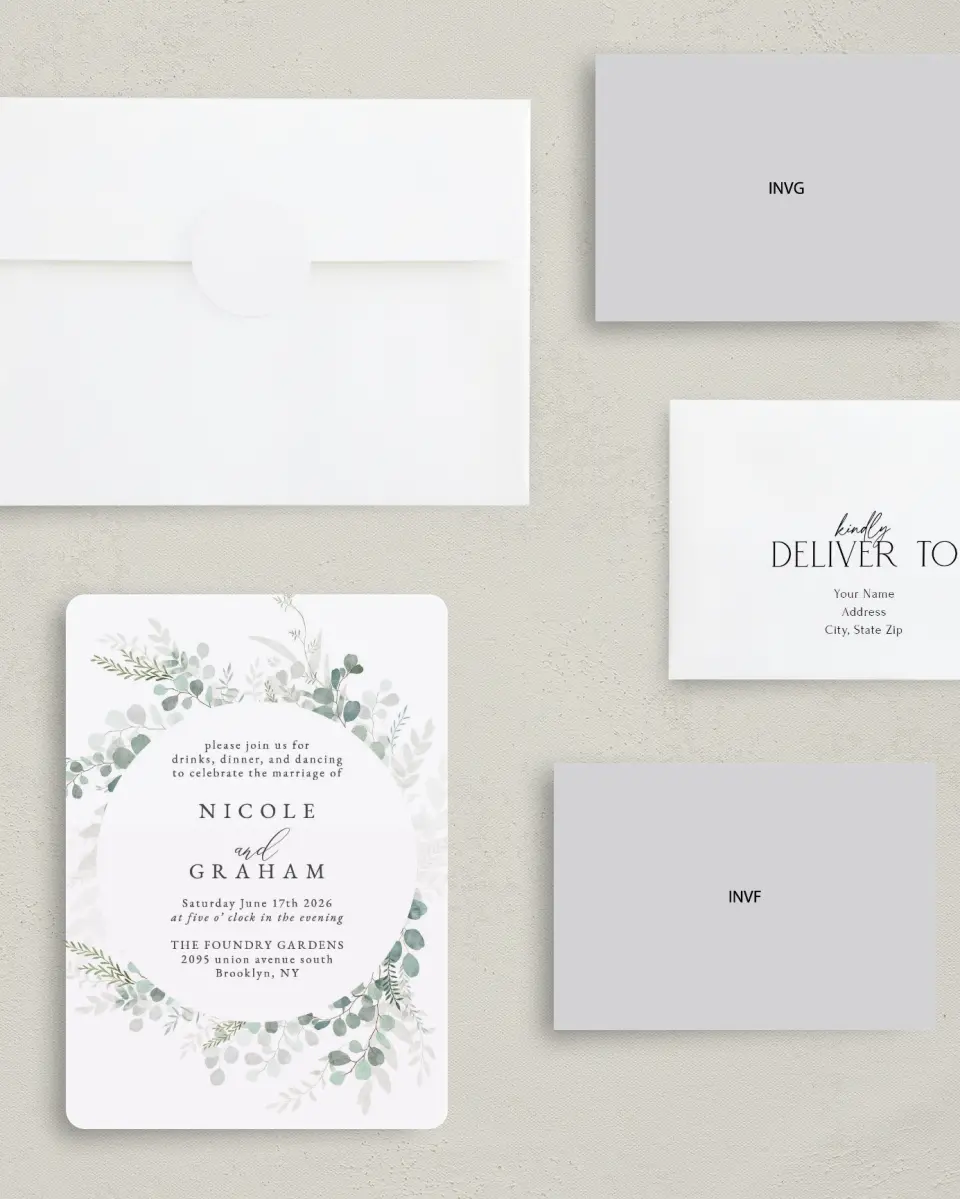 This is a 5" x 7" Reception-Only - CP called Elegant Greenery printed in full color on Premium Smooth paper