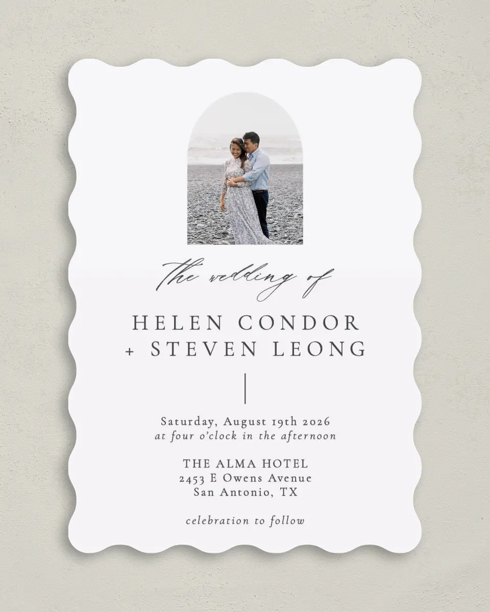 This is a 5" x 7" Wavy Wedding Invitation called Quiet Scene printed in full color on Premium Smooth paper