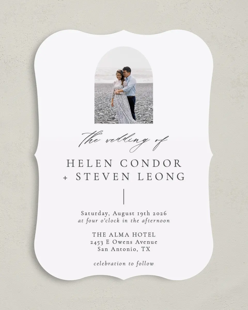 This is a 5" x 7" Bracket Wedding Invitation called Quiet Scene printed in full color with Silver foil on Luxe Satin (coated) paper