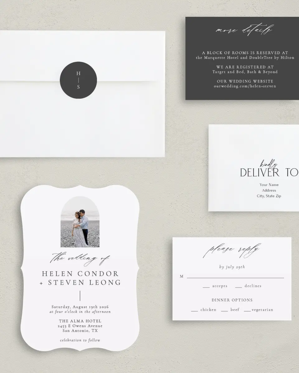 This is a 5" x 7" Bracket Wedding Invitation called Quiet Scene printed in full color with Silver foil on Luxe Satin (coated) paper