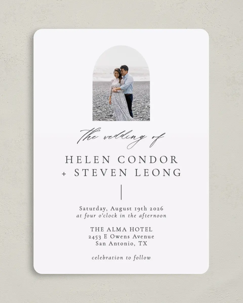 This is a 5" x 7" Rounded Wedding Invitation called Quiet Scene printed in full color on Premium Smooth paper