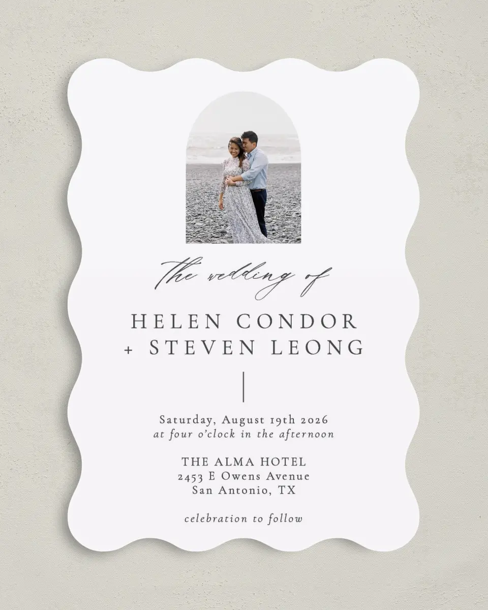 This is a 5" x 7" Wavy Wedding Invitation called Quiet Scene printed in full color on Premium Smooth paper
