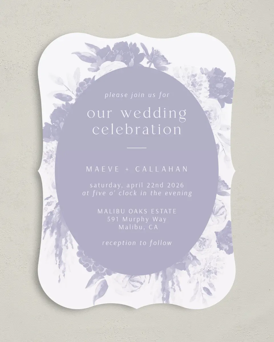 This is a 5" x 7" Bracket Wedding Invitation called Sweet Botanical printed in full color with Silver foil on Luxe Satin (coated) paper