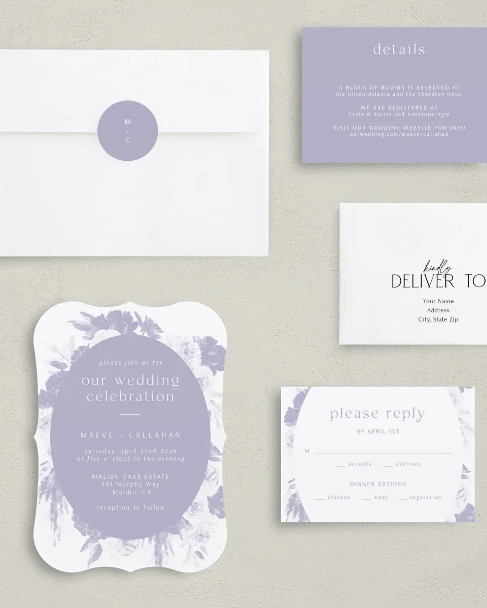 This is a 5" x 7" Bracket Wedding Invitation called Sweet Botanical printed in full color with Silver foil on Luxe Satin (coated) paper