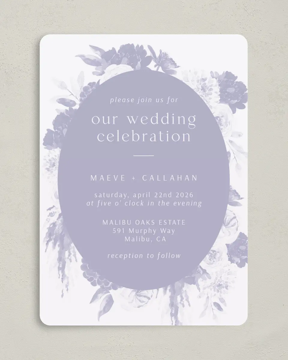 This is a 5" x 7" Rounded Wedding Invitation called Sweet Botanical printed in full color on Premium Smooth paper