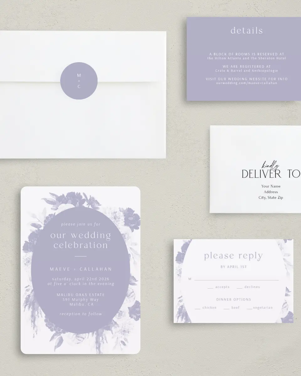 This is a 5" x 7" Rounded Wedding Invitation called Sweet Botanical printed in full color on Premium Smooth paper