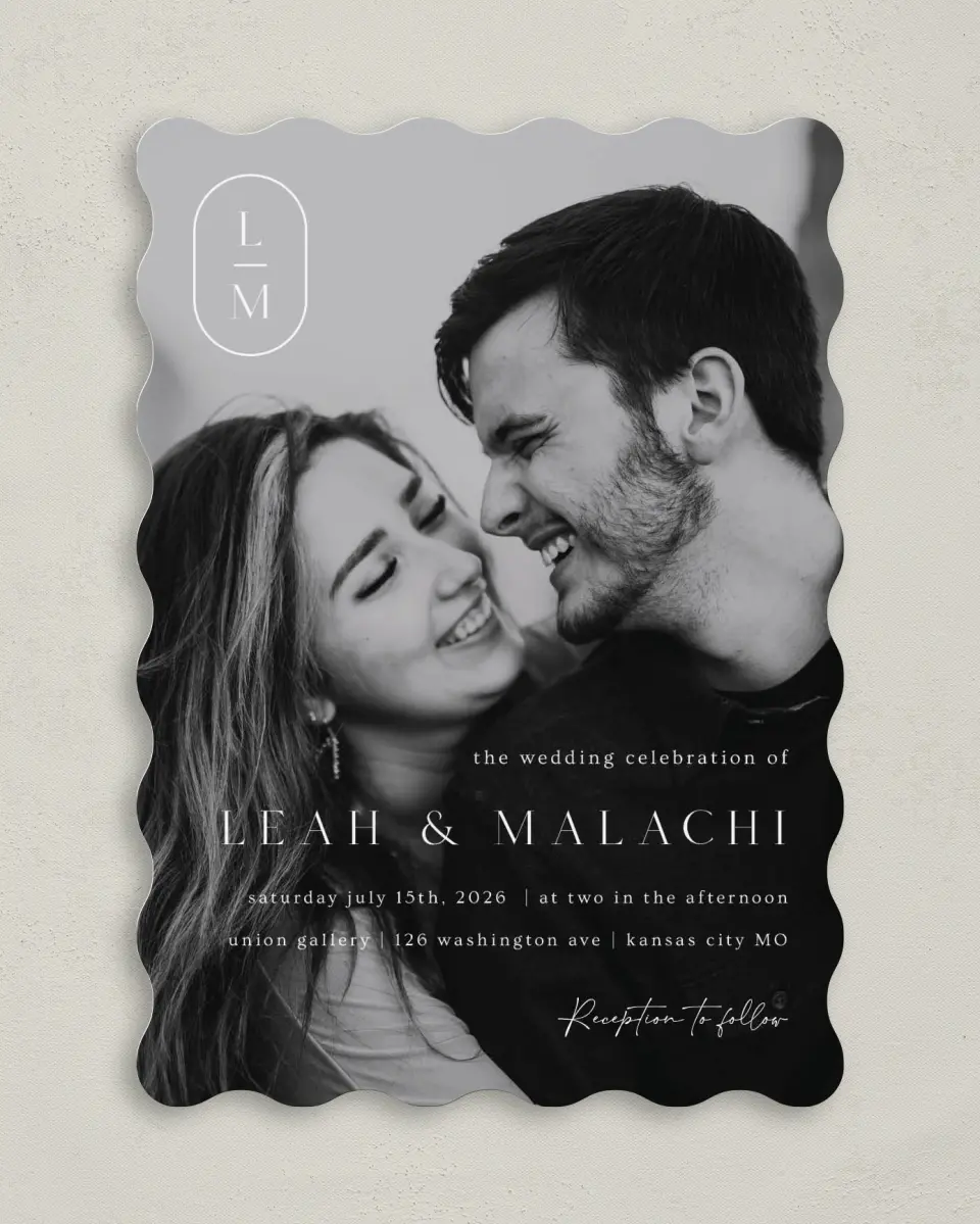 This is a 5" x 7" Wavy Wedding Invitation called Precise Promise printed in full color on Premium Smooth paper