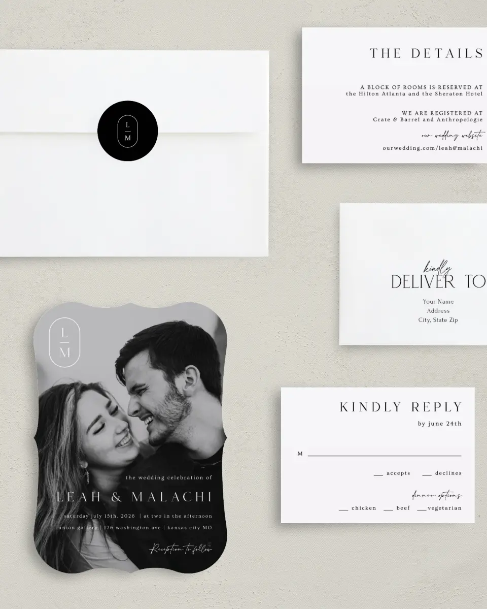 This is a 5" x 7" Bracket Wedding Invitation called Precise Promise printed in full color with Silver foil on Luxe Satin (coated) paper