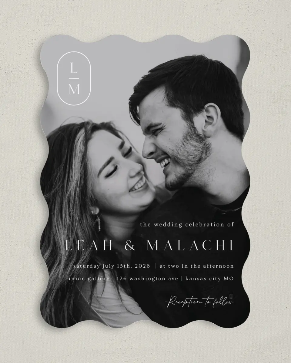 This is a 5" x 7" Wavy Wedding Invitation called Precise Promise printed in full color on Premium Smooth paper