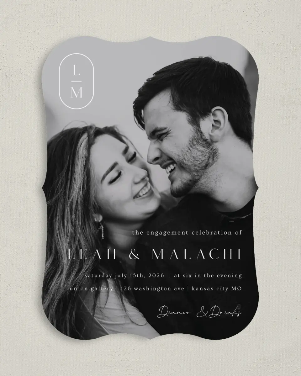 This is a 5" x 7" Engagement Party Invitation called Precise Promise printed in full color with Silver foil on Luxe Satin (coated) paper