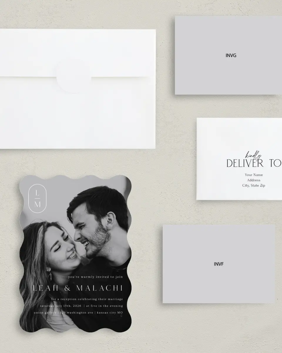 This is a 5" x 7" Reception-Only - CP called Precise Promise printed in full color with Silver foil on Luxe Satin (coated) paper