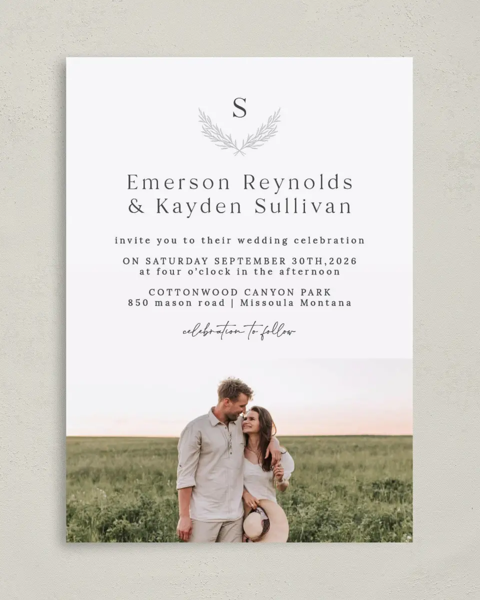 This is a 5" x 7" Classic Wedding Invitation called Soft Sprig printed in full color with Rose Gold foil on Luxe Satin (coated) paper