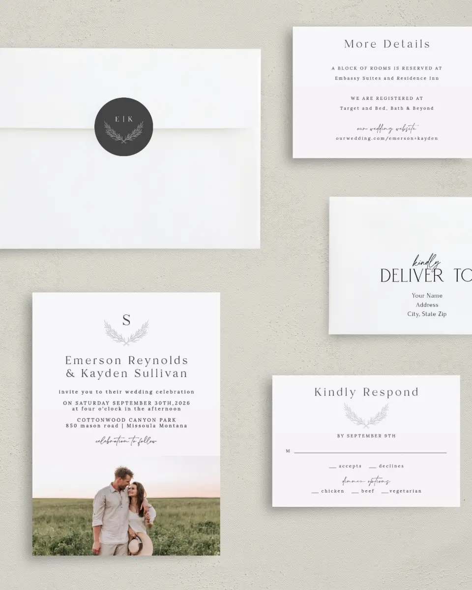 This is a 5" x 7" Classic Wedding Invitation called Soft Sprig printed in full color with Rose Gold foil on Luxe Satin (coated) paper