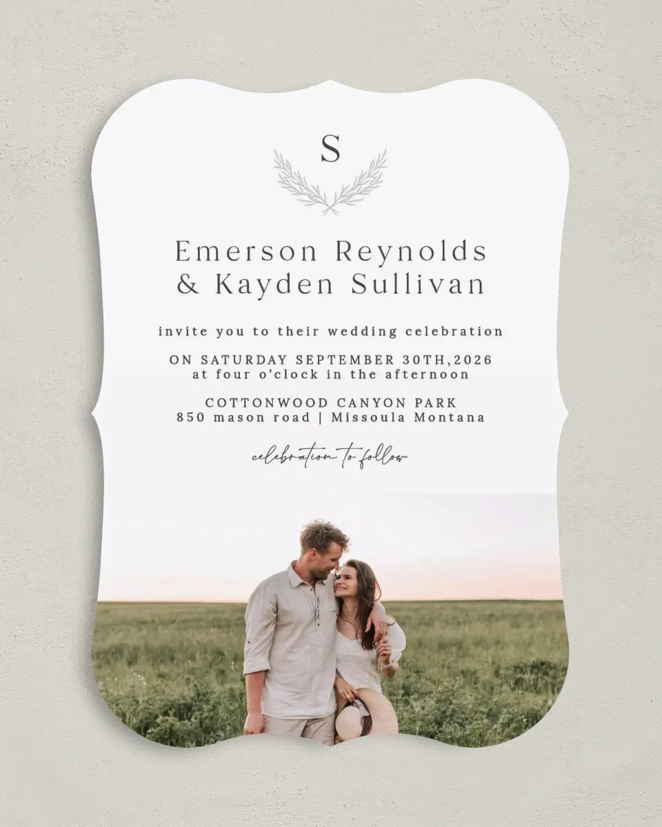 This is a 5" x 7" Bracket Wedding Invitation called Soft Sprig printed in full color on Premium Smooth paper
