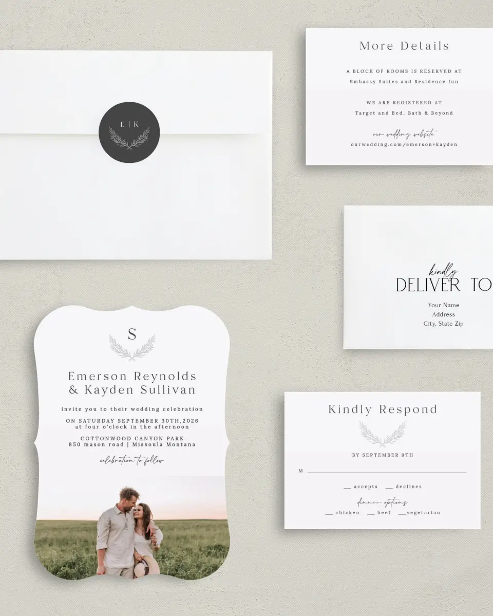 This is a 5" x 7" Bracket Wedding Invitation called Soft Sprig printed in full color with Silver foil on Luxe Satin (coated) paper