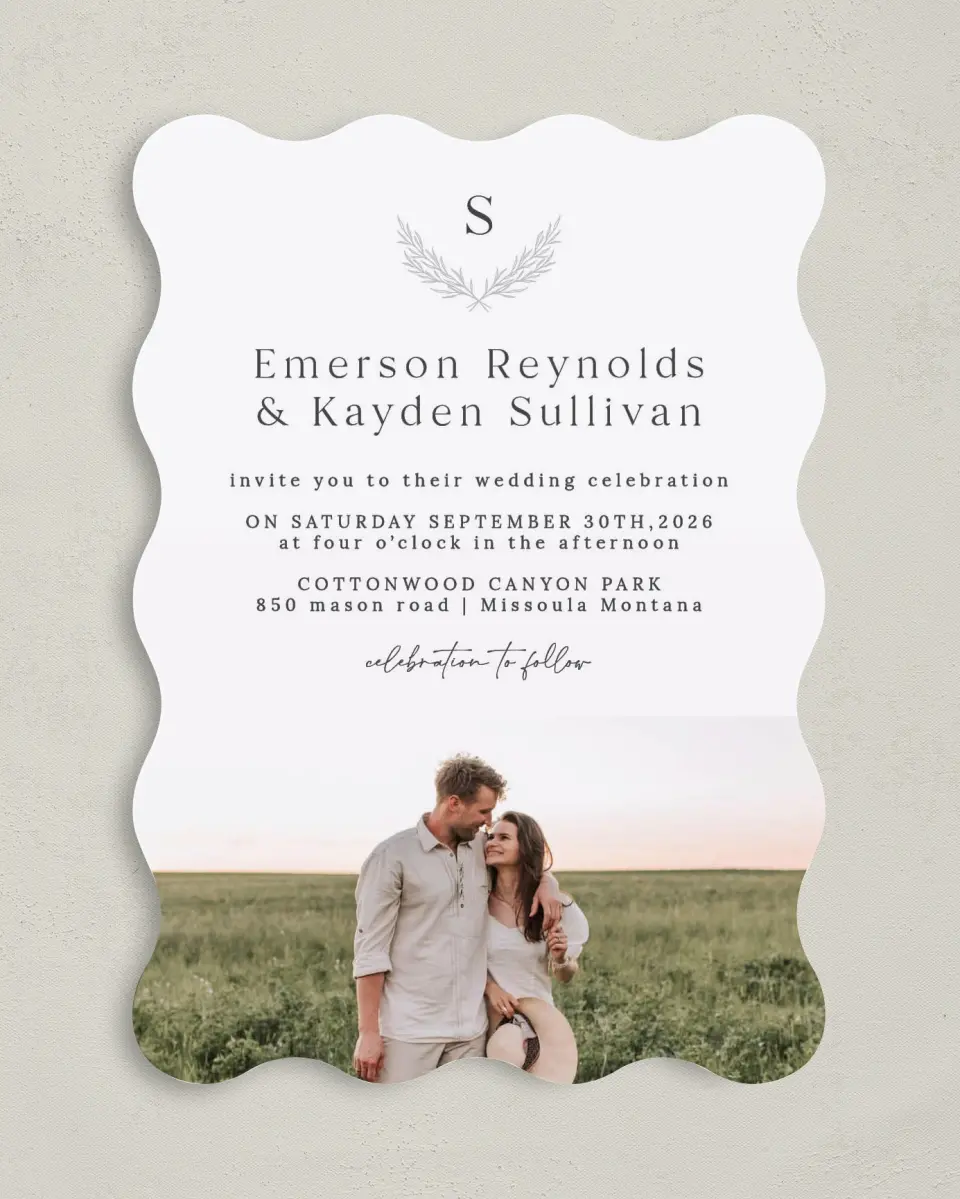 This is a 5" x 7" Wavy Wedding Invitation called Soft Sprig printed in full color on Premium Smooth paper