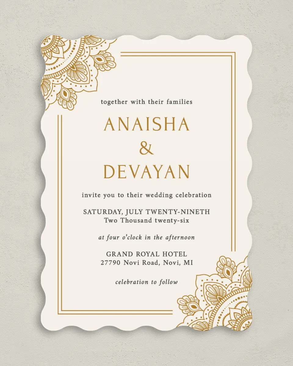 This is a 5" x 7" Wavy Wedding Invitation called Indian Mandala printed in full color on Premium Smooth paper
