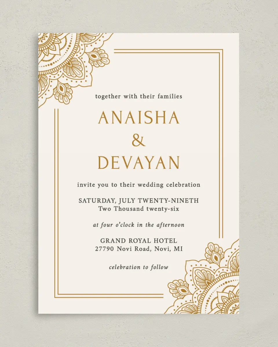 This is a 5" x 7" Classic Wedding Invitation called Indian Mandala printed in full color with Gold foil on Luxe Satin (coated) paper