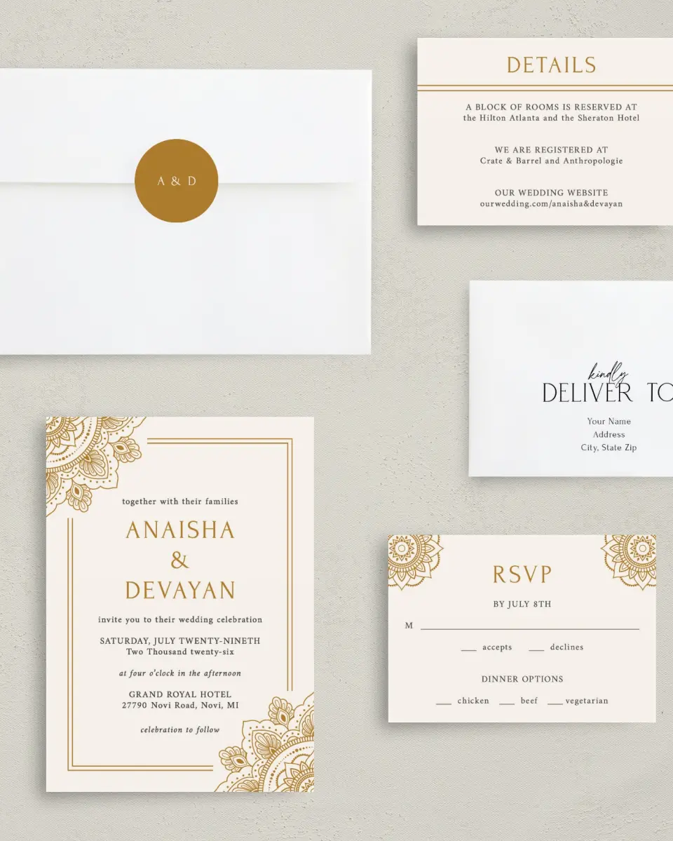 This is a 5" x 7" Classic Wedding Invitation called Indian Mandala printed in full color with Gold foil on Luxe Satin (coated) paper