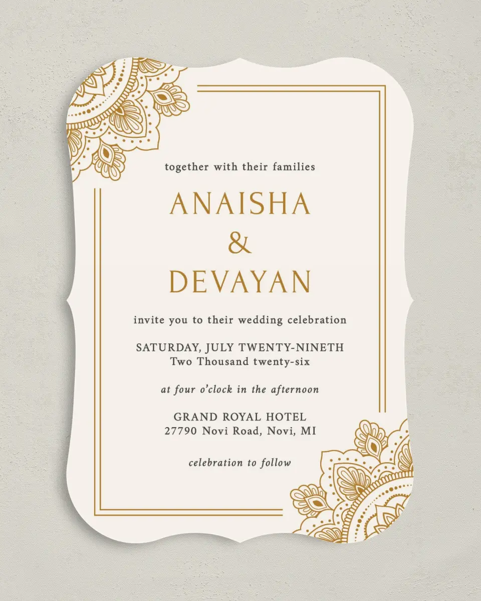 This is a 5" x 7" Bracket Wedding Invitation called Indian Mandala printed in full color on Premium Smooth paper