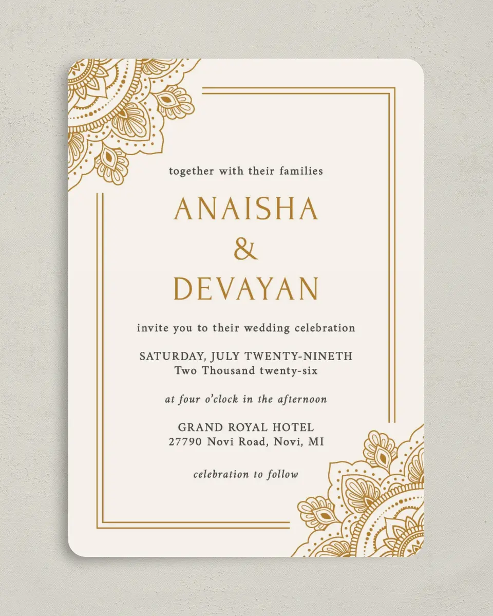 This is a 5" x 7" Rounded Wedding Invitation called Indian Mandala printed in full color on Premium Smooth paper