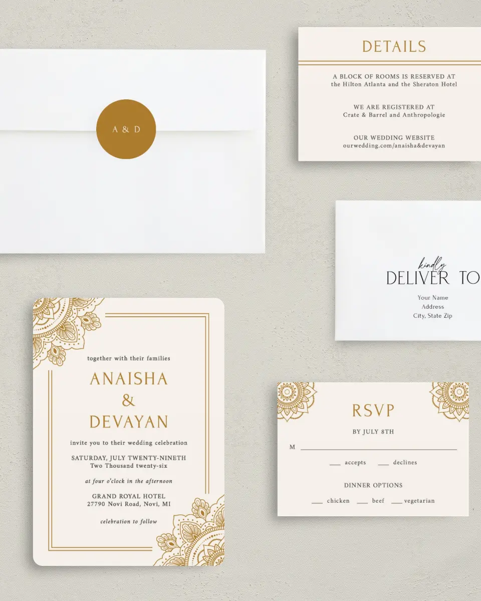 This is a 5" x 7" Rounded Wedding Invitation called Indian Mandala printed in full color with Gold foil on Luxe Satin (coated) paper